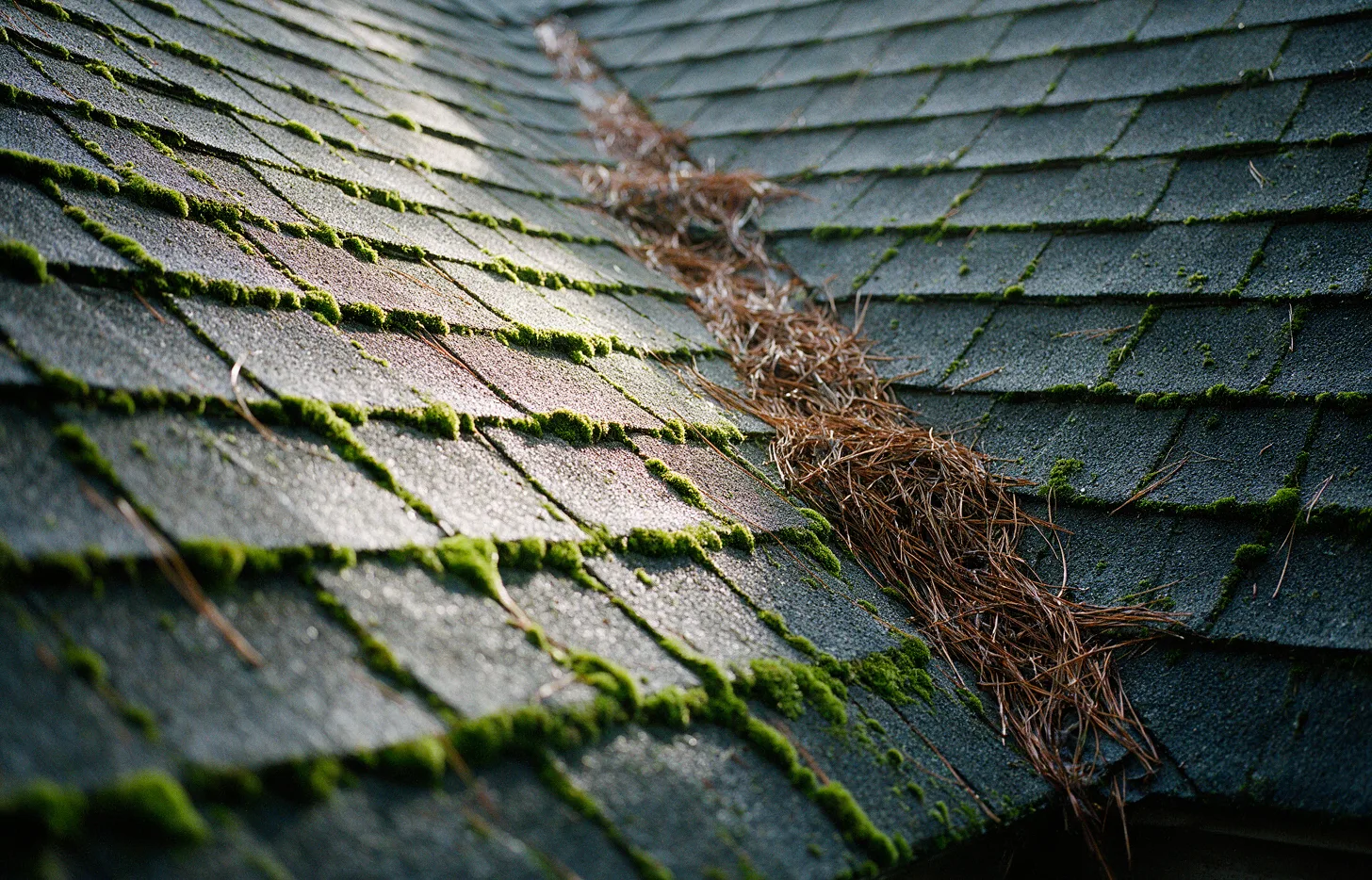 Moss on a shaded shingle roof